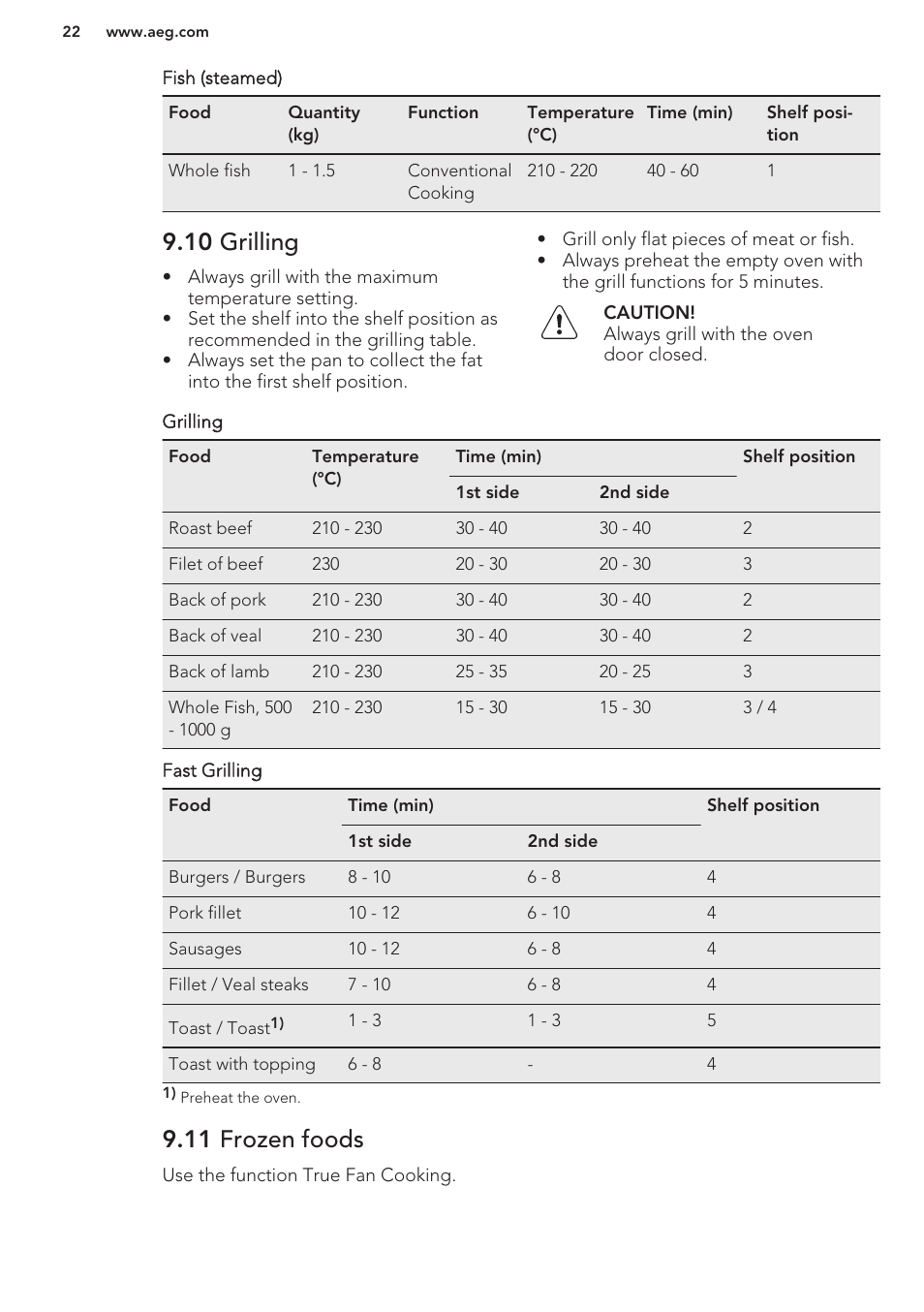 10 grilling, 11 frozen foods | AEG BE5304001B User Manual | Page 22 / 32