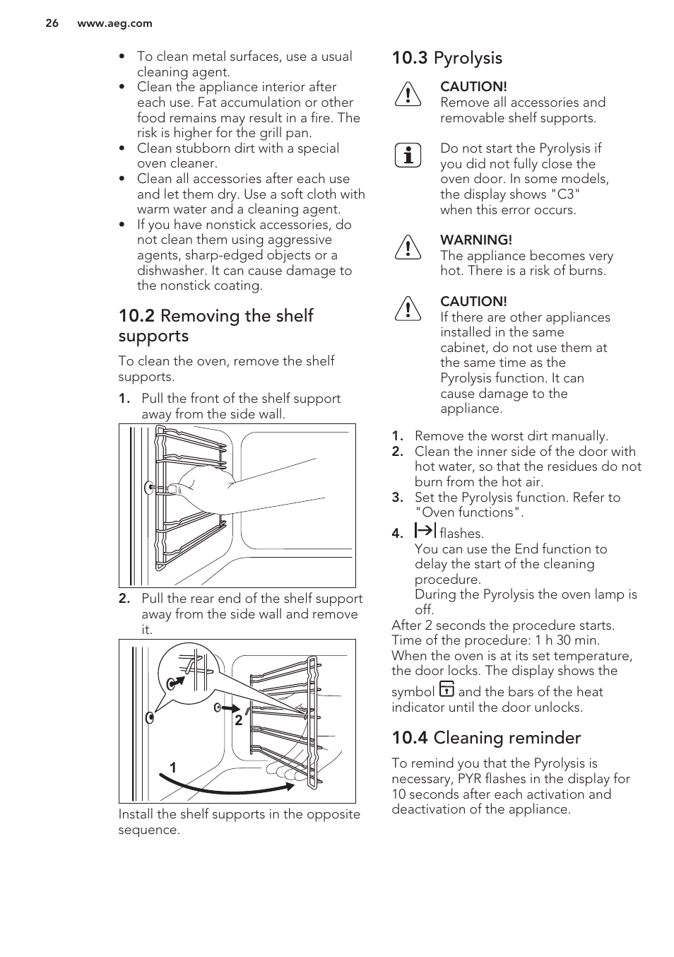 2 removing the shelf supports, 3 pyrolysis, 4 cleaning reminder | AEG BE5304001B User Manual | Page 26 / 32