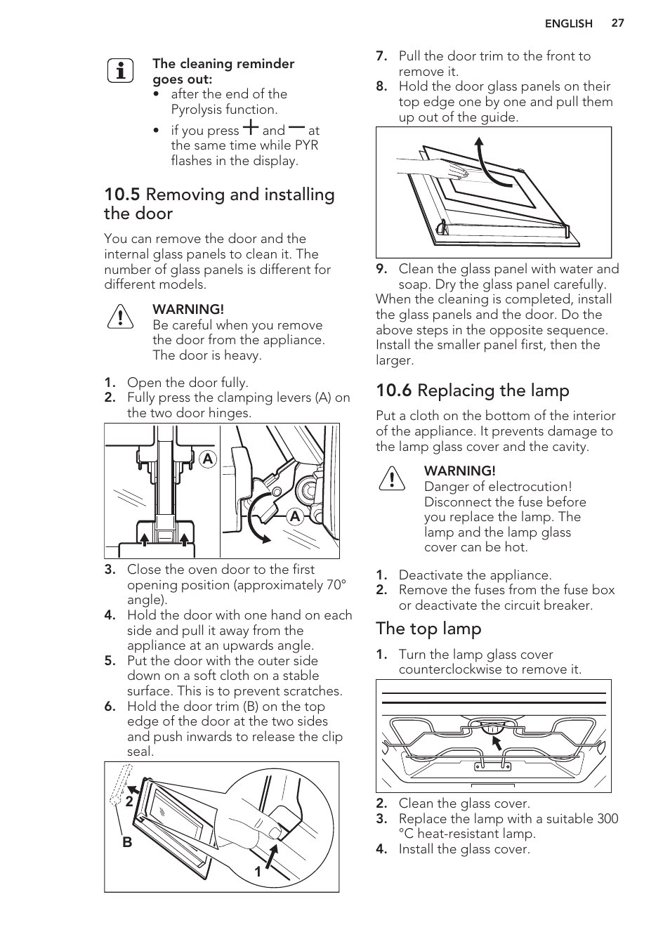 5 removing and installing the door, 6 replacing the lamp, The top lamp | AEG BE5304001B User Manual | Page 27 / 32