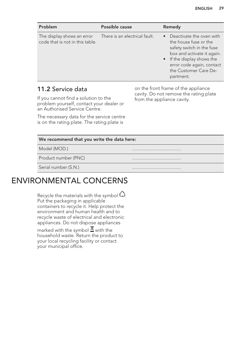 2 service data, Environmental concerns | AEG BE5304001B User Manual | Page 29 / 32