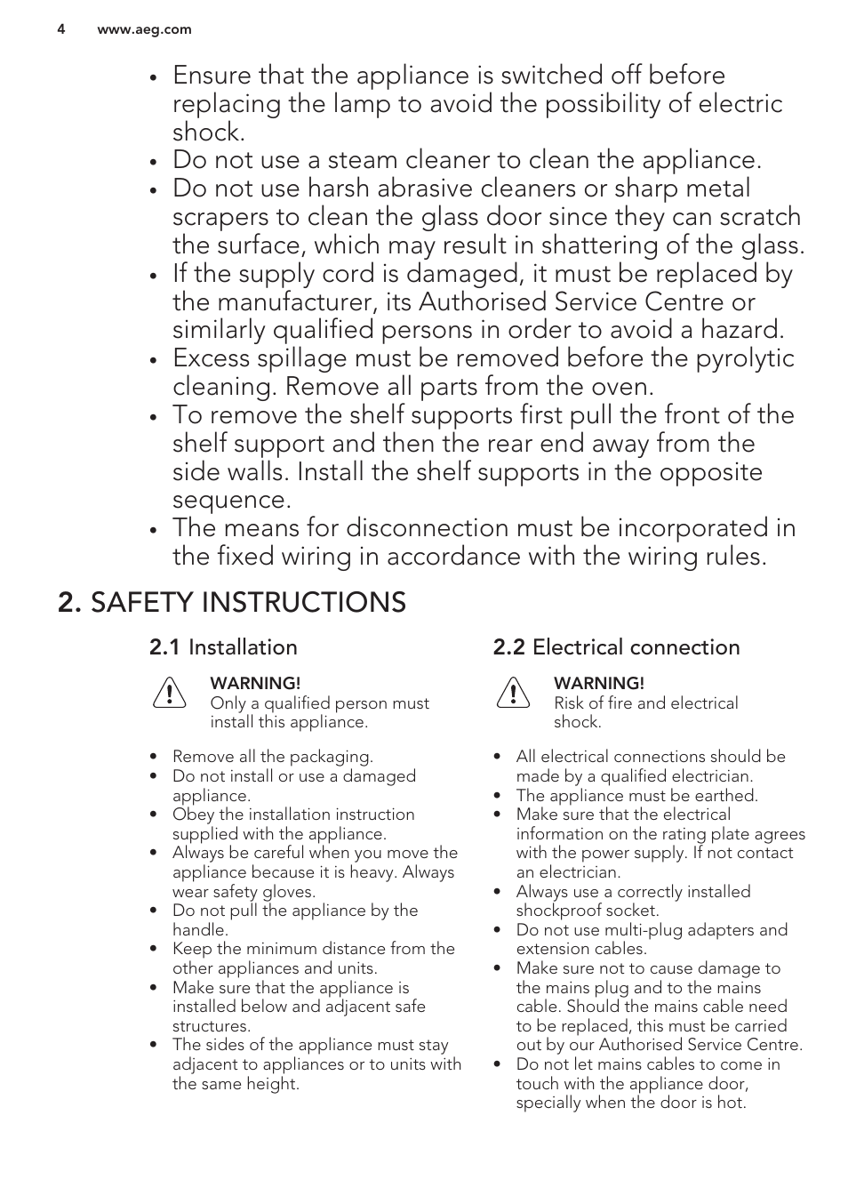 Safety instructions, 1 installation, 2 electrical connection | Do not use a steam cleaner to clean the appliance | AEG BE5304001B User Manual | Page 4 / 32