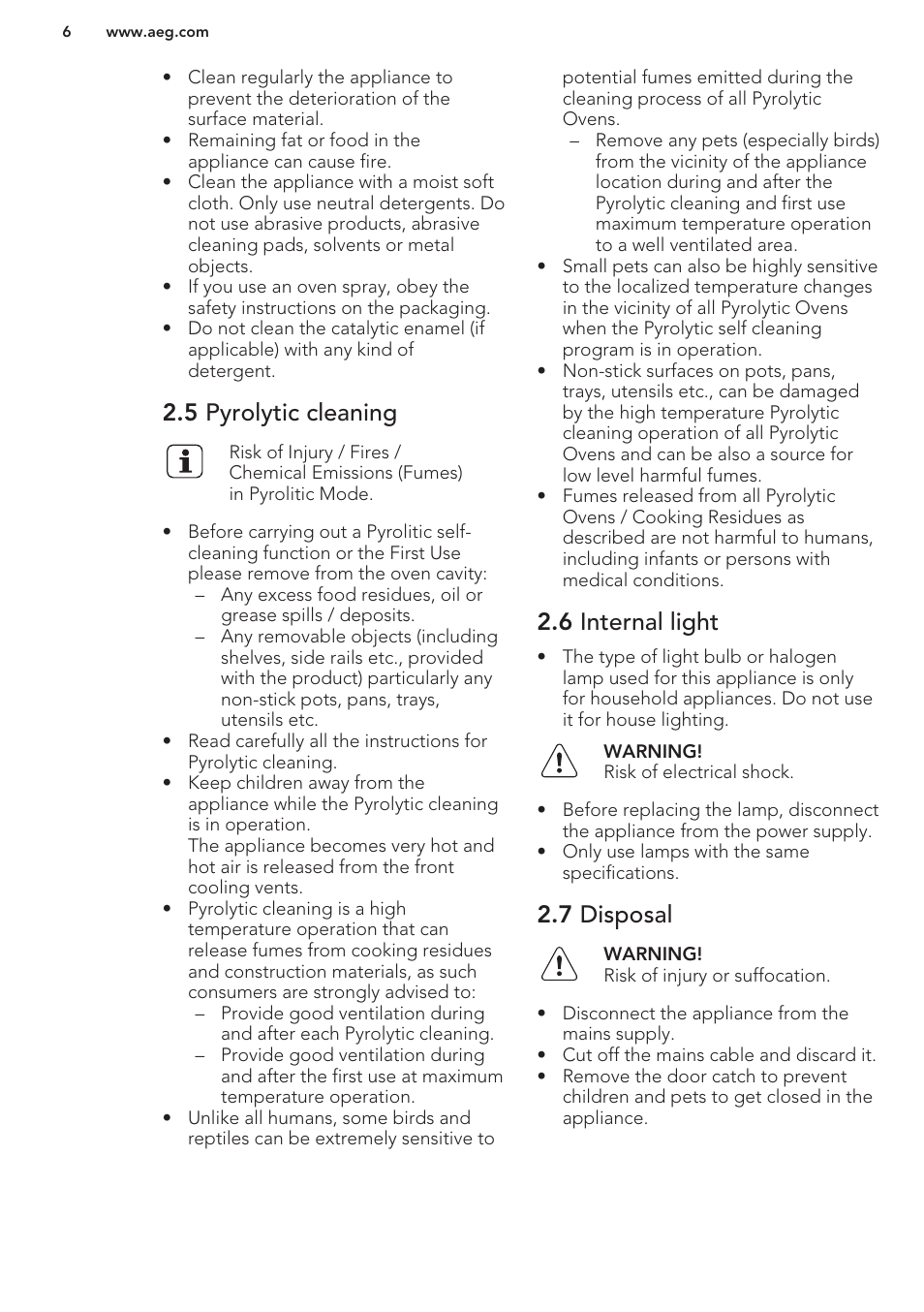 5 pyrolytic cleaning, 6 internal light, 7 disposal | AEG BE5304001B User Manual | Page 6 / 32