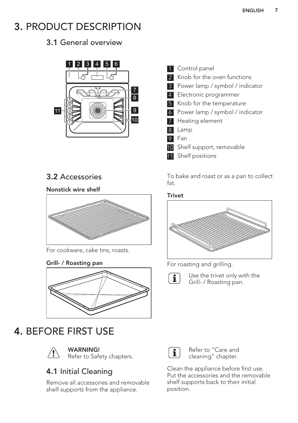 Product description, 1 general overview, 2 accessories | Before first use, 1 initial cleaning, Product description 4. before first use | AEG BE5304001B User Manual | Page 7 / 32