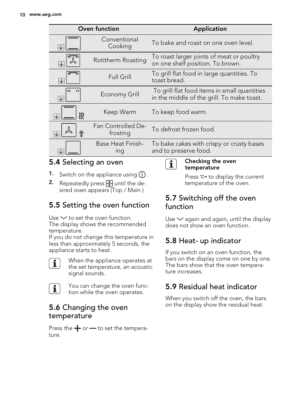 4 selecting an oven, 5 setting the oven function, 6 changing the oven temperature | 7 switching off the oven function, 8 heat- up indicator, 9 residual heat indicator | AEG DE4003000M User Manual | Page 10 / 64