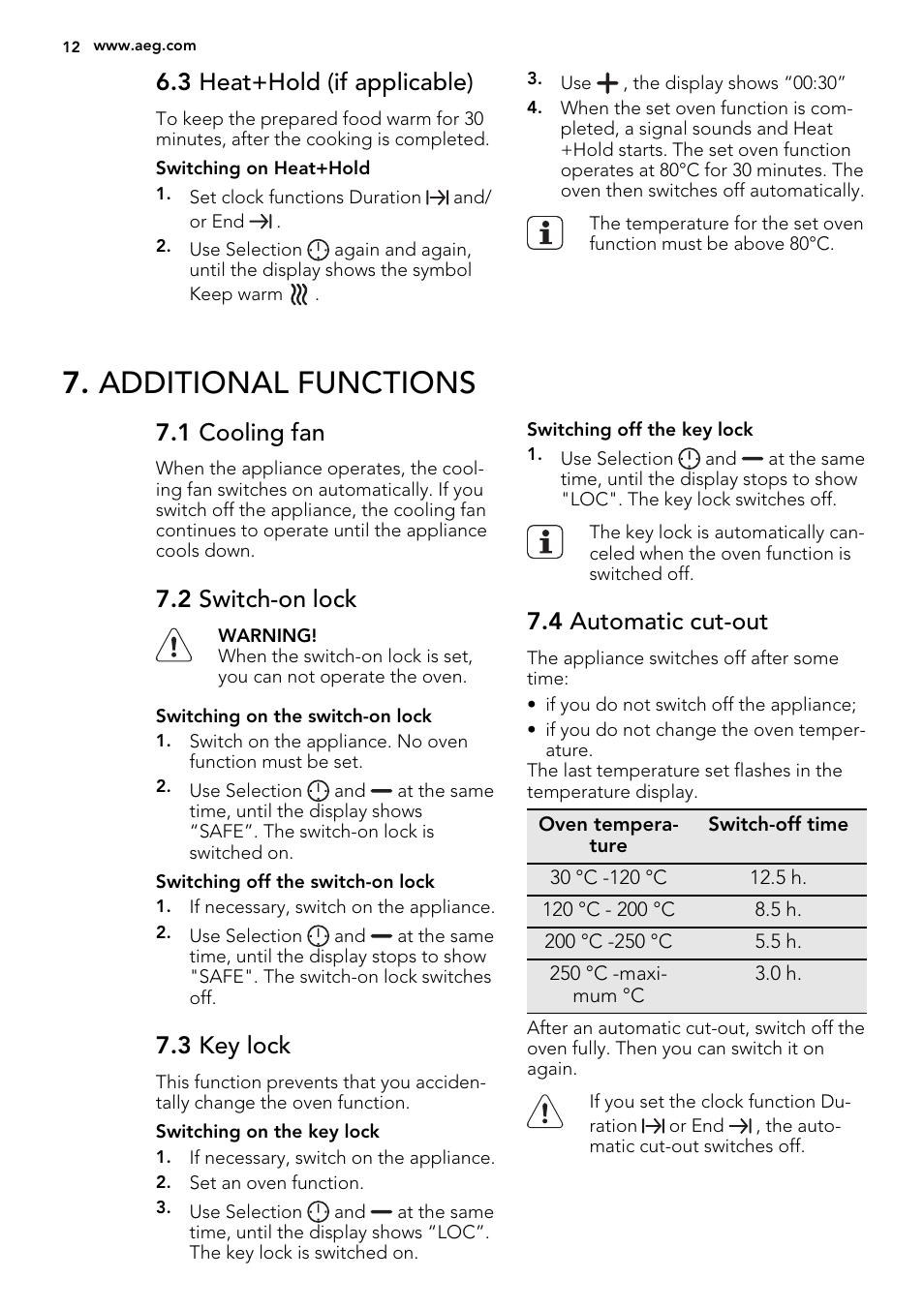 Additional functions, 3 heat+hold (if applicable), 1 cooling fan | 2 switch-on lock, 3 key lock, 4 automatic cut-out | AEG DE4003000M User Manual | Page 12 / 64