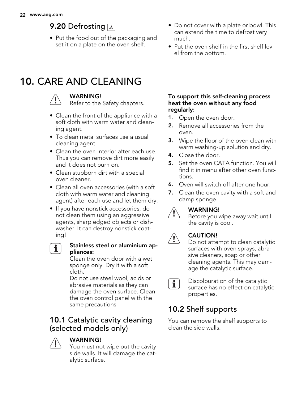 Care and cleaning, 20 defrosting, 1 catalytic cavity cleaning (selected models only) | 2 shelf supports | AEG DE4003000M User Manual | Page 22 / 64