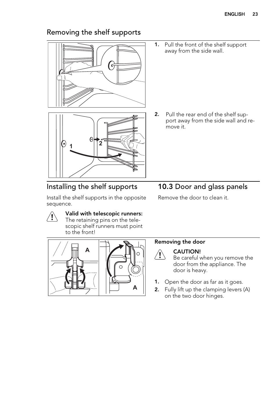Removing the shelf supports, Installing the shelf supports, 3 door and glass panels | AEG DE4003000M User Manual | Page 23 / 64