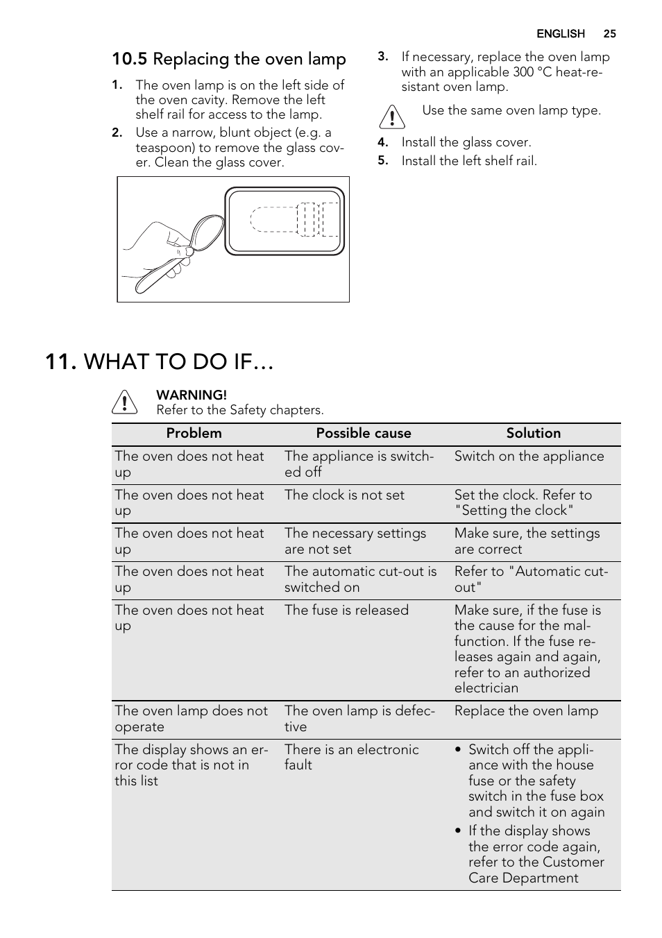 What to do if, 5 replacing the oven lamp | AEG DE4003000M User Manual | Page 25 / 64