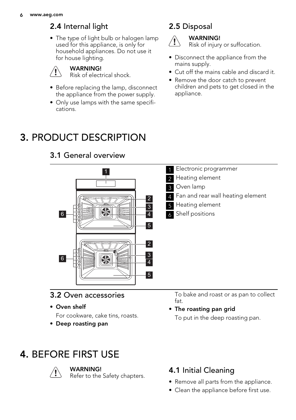 Product description, Before first use, 4 internal light | 5 disposal, 1 general overview, 2 oven accessories, 1 initial cleaning | AEG DE4003000M User Manual | Page 6 / 64