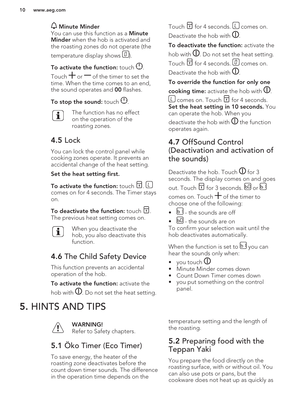 5 lock, 6 the child safety device, Hints and tips | 1 öko timer (eco timer), 2 preparing food with the teppan yaki | AEG HC411520GB User Manual | Page 10 / 64