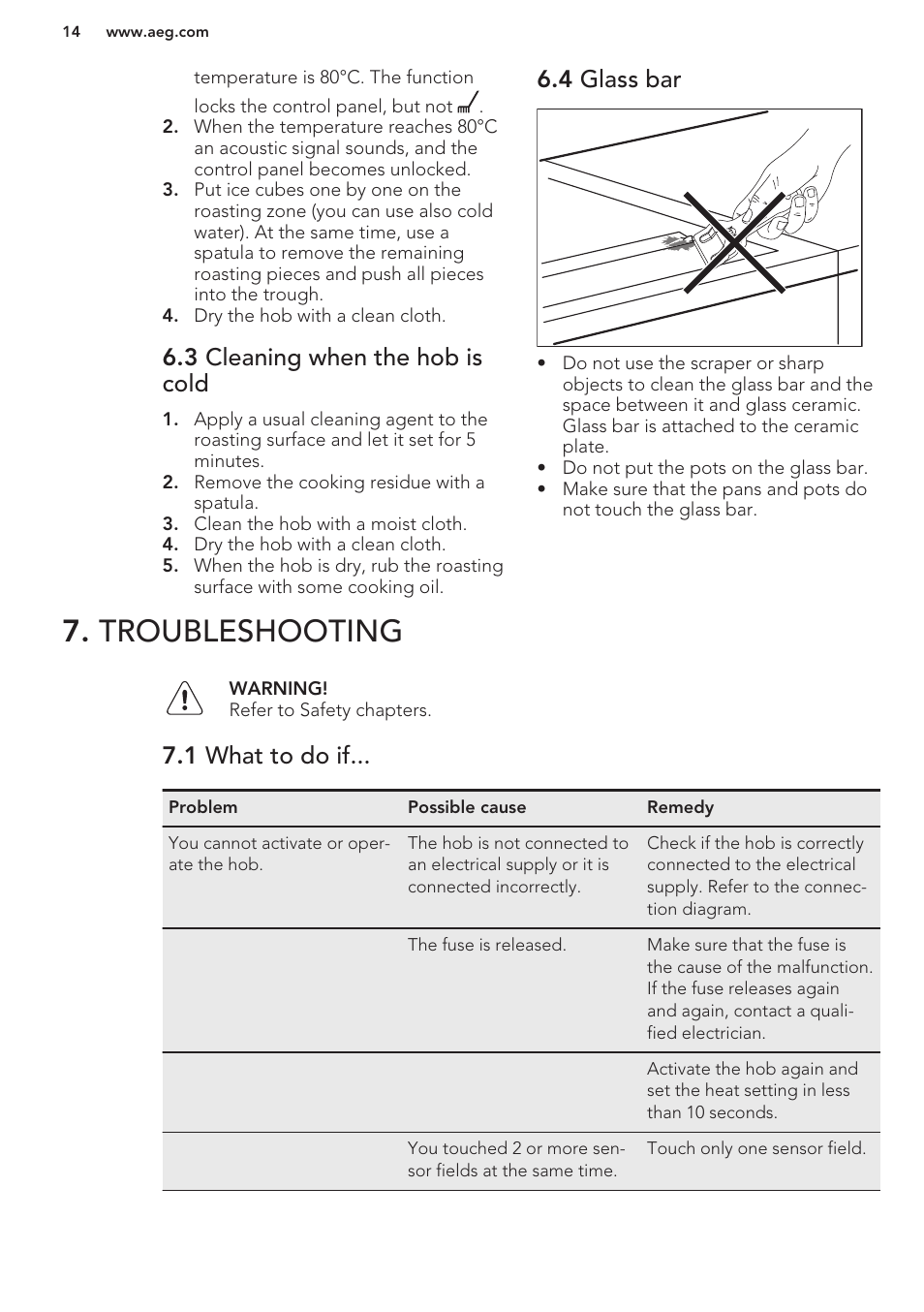 3 cleaning when the hob is cold, 4 glass bar, Troubleshooting | 1 what to do if | AEG HC411520GB User Manual | Page 14 / 64