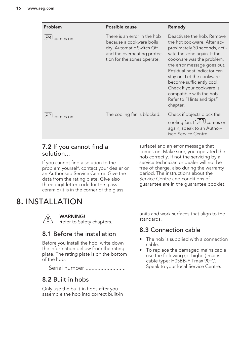 2 if you cannot find a solution, Installation, 1 before the installation | 2 built-in hobs, 3 connection cable | AEG HC411520GB User Manual | Page 16 / 64