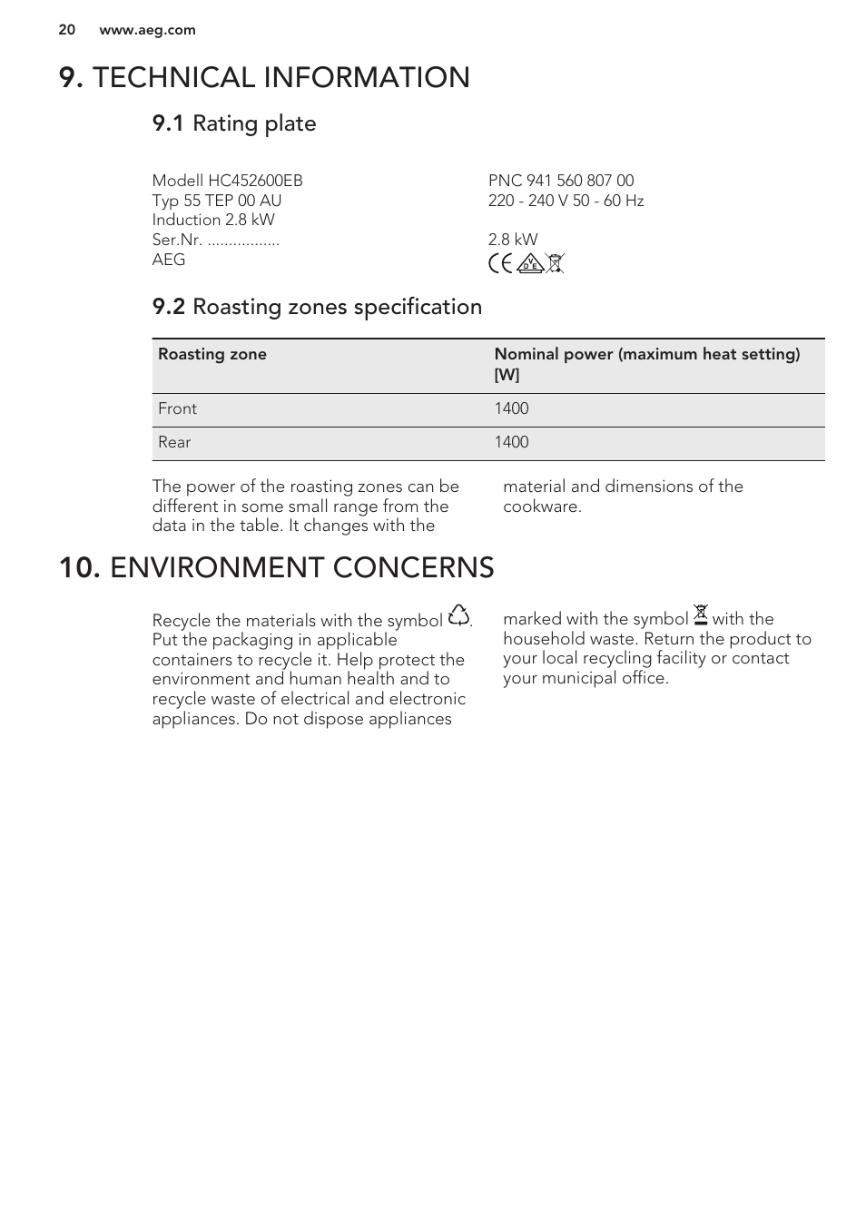 Technical information, 1 rating plate, 2 roasting zones specification | Environment concerns | AEG HC411520GB User Manual | Page 20 / 64