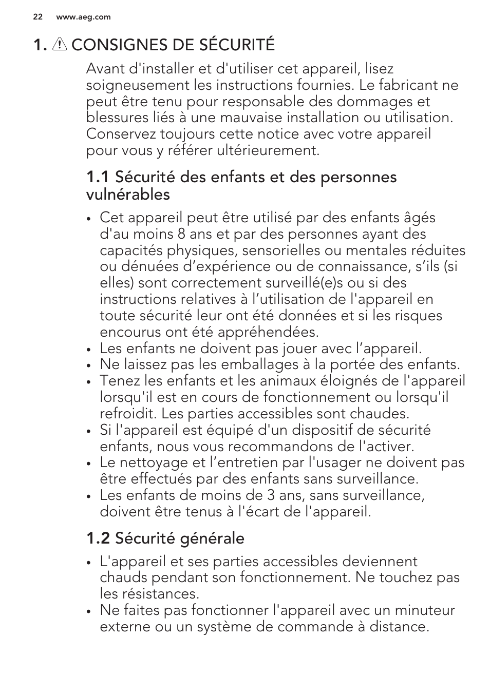 Consignes de sécurité, 2 sécurité générale | AEG HC411520GB User Manual | Page 22 / 64