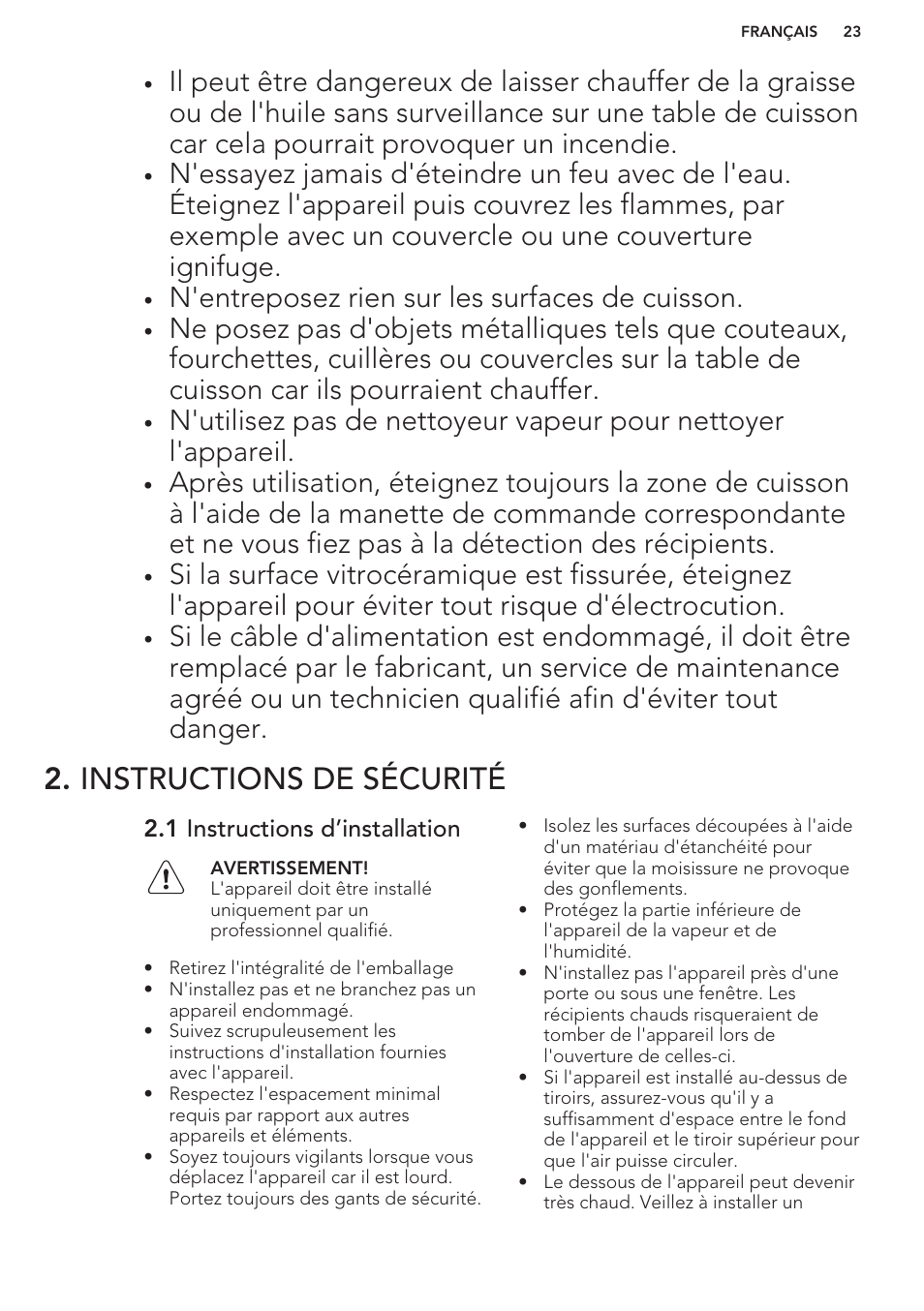 Instructions de sécurité, 1 instructions d’installation, N'entreposez rien sur les surfaces de cuisson | AEG HC411520GB User Manual | Page 23 / 64