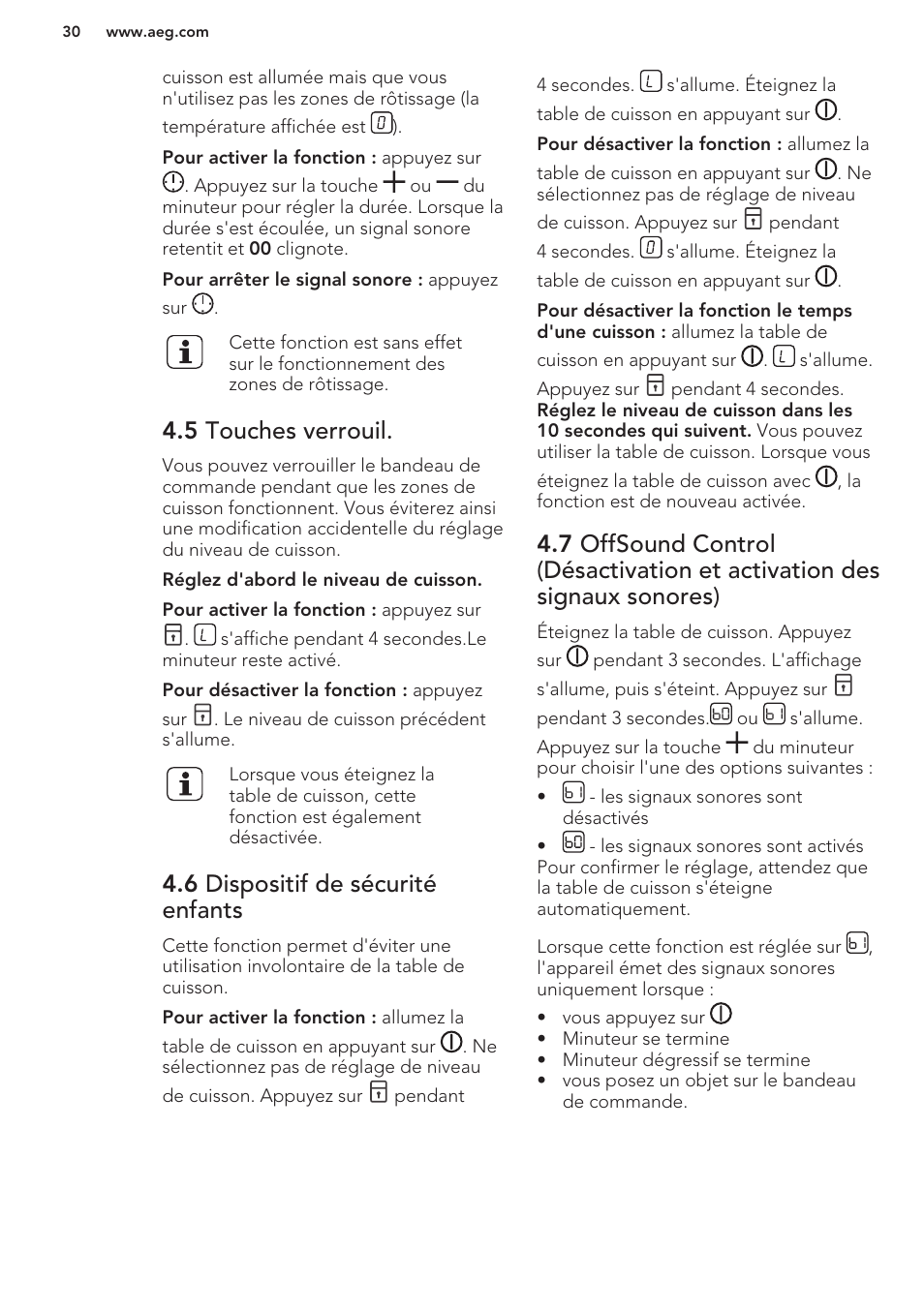 5 touches verrouil, 6 dispositif de sécurité enfants | AEG HC411520GB User Manual | Page 30 / 64