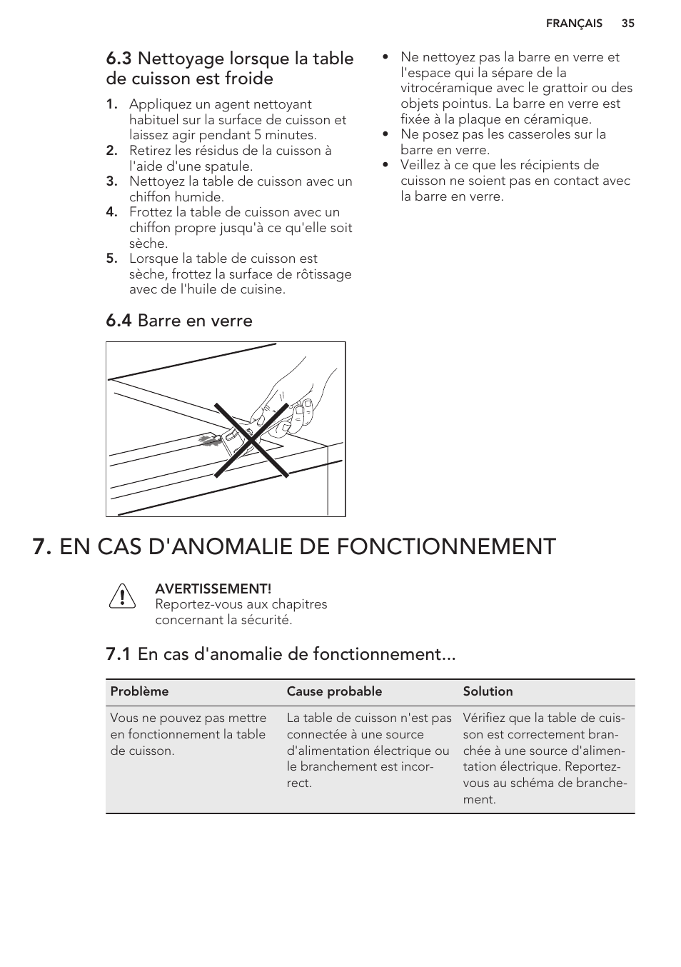 3 nettoyage lorsque la table de cuisson est froide, 4 barre en verre, En cas d'anomalie de fonctionnement | 1 en cas d'anomalie de fonctionnement | AEG HC411520GB User Manual | Page 35 / 64