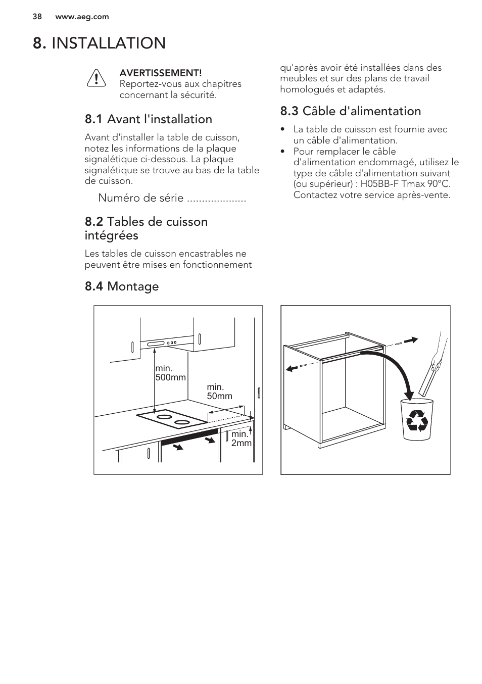 Installation, 1 avant l'installation, 2 tables de cuisson intégrées | 3 câble d'alimentation, 4 montage | AEG HC411520GB User Manual | Page 38 / 64