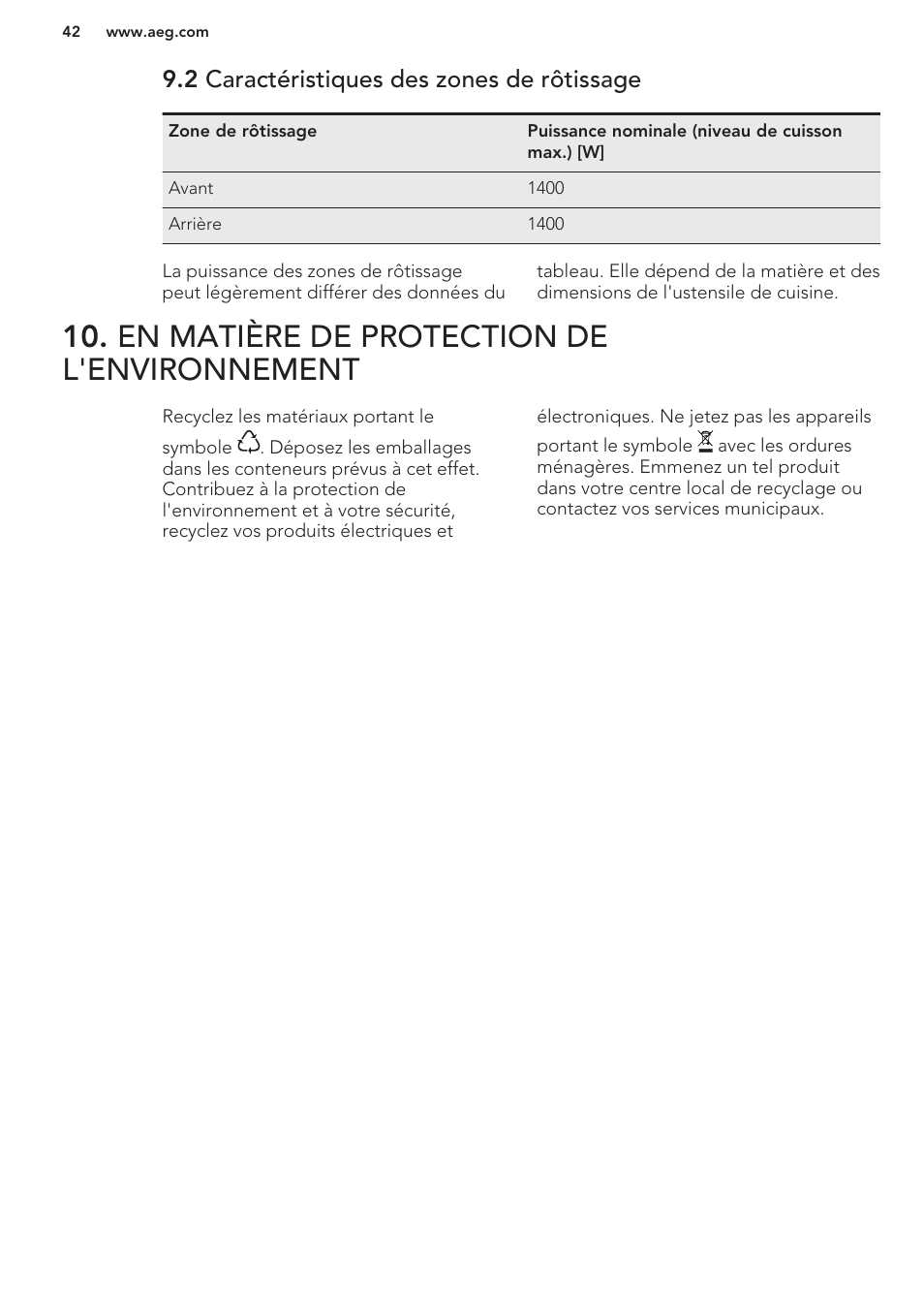 2 caractéristiques des zones de rôtissage, En matière de protection de l'environnement | AEG HC411520GB User Manual | Page 42 / 64