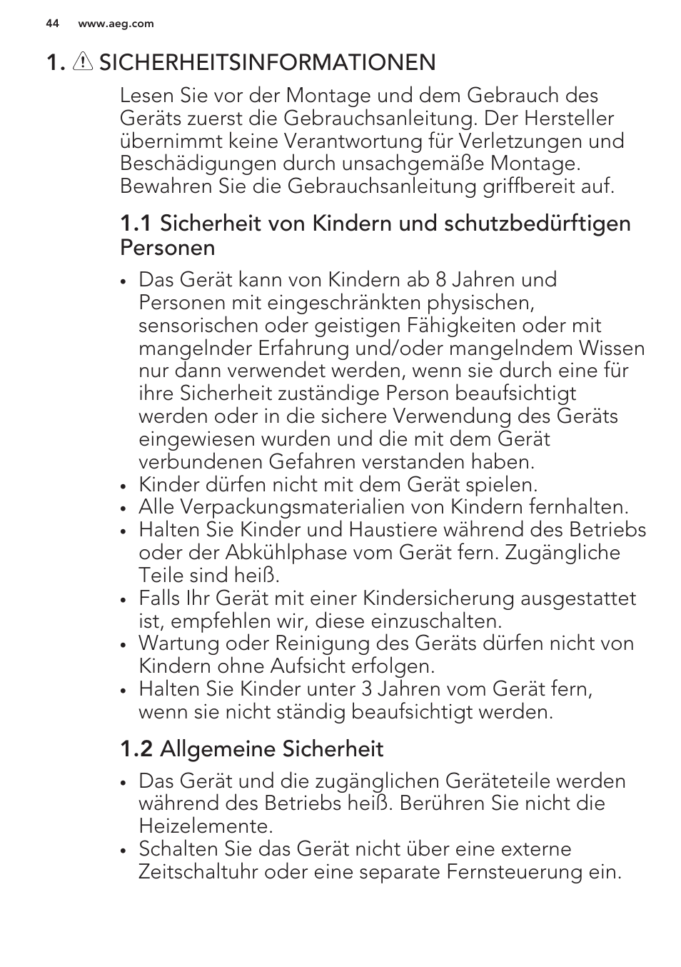 Sicherheitsinformationen, 2 allgemeine sicherheit | AEG HC411520GB User Manual | Page 44 / 64