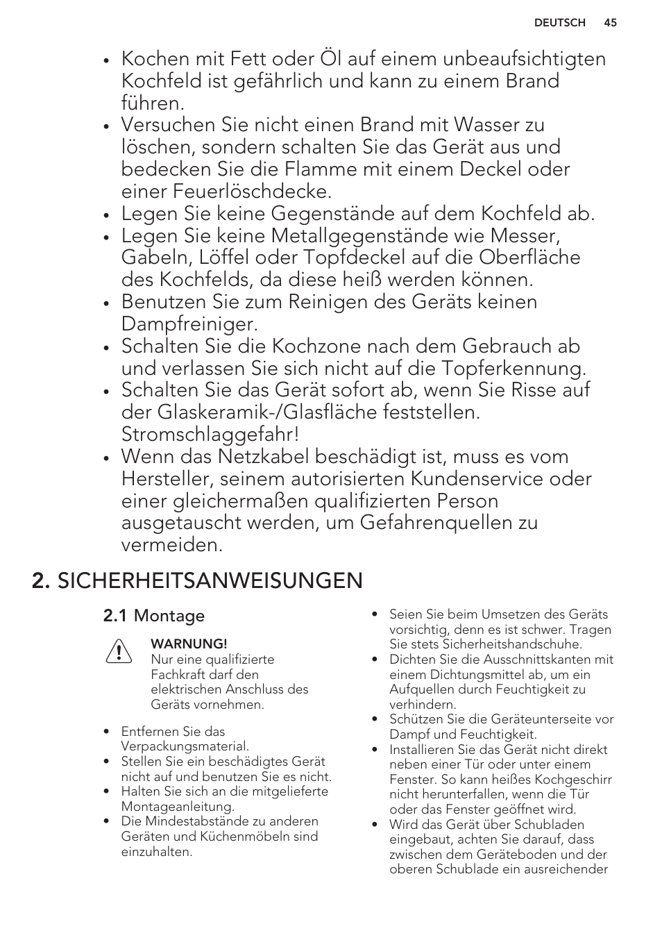 Sicherheitsanweisungen, 1 montage, Legen sie keine gegenstände auf dem kochfeld ab | AEG HC411520GB User Manual | Page 45 / 64