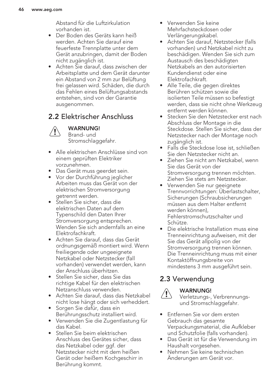 2 elektrischer anschluss, 3 verwendung | AEG HC411520GB User Manual | Page 46 / 64