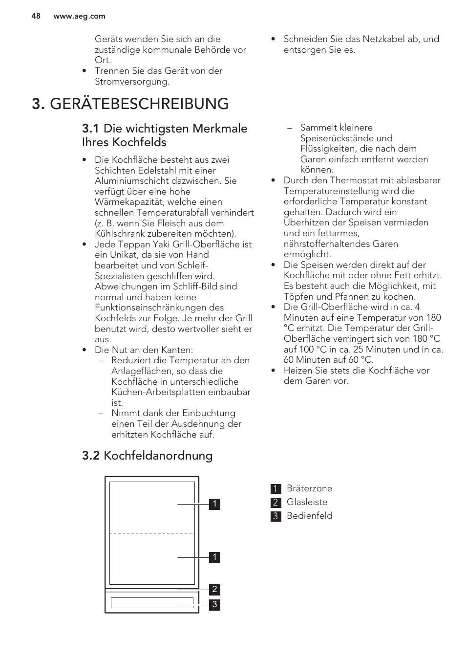 Gerätebeschreibung, 1 die wichtigsten merkmale ihres kochfelds, 2 kochfeldanordnung | AEG HC411520GB User Manual | Page 48 / 64