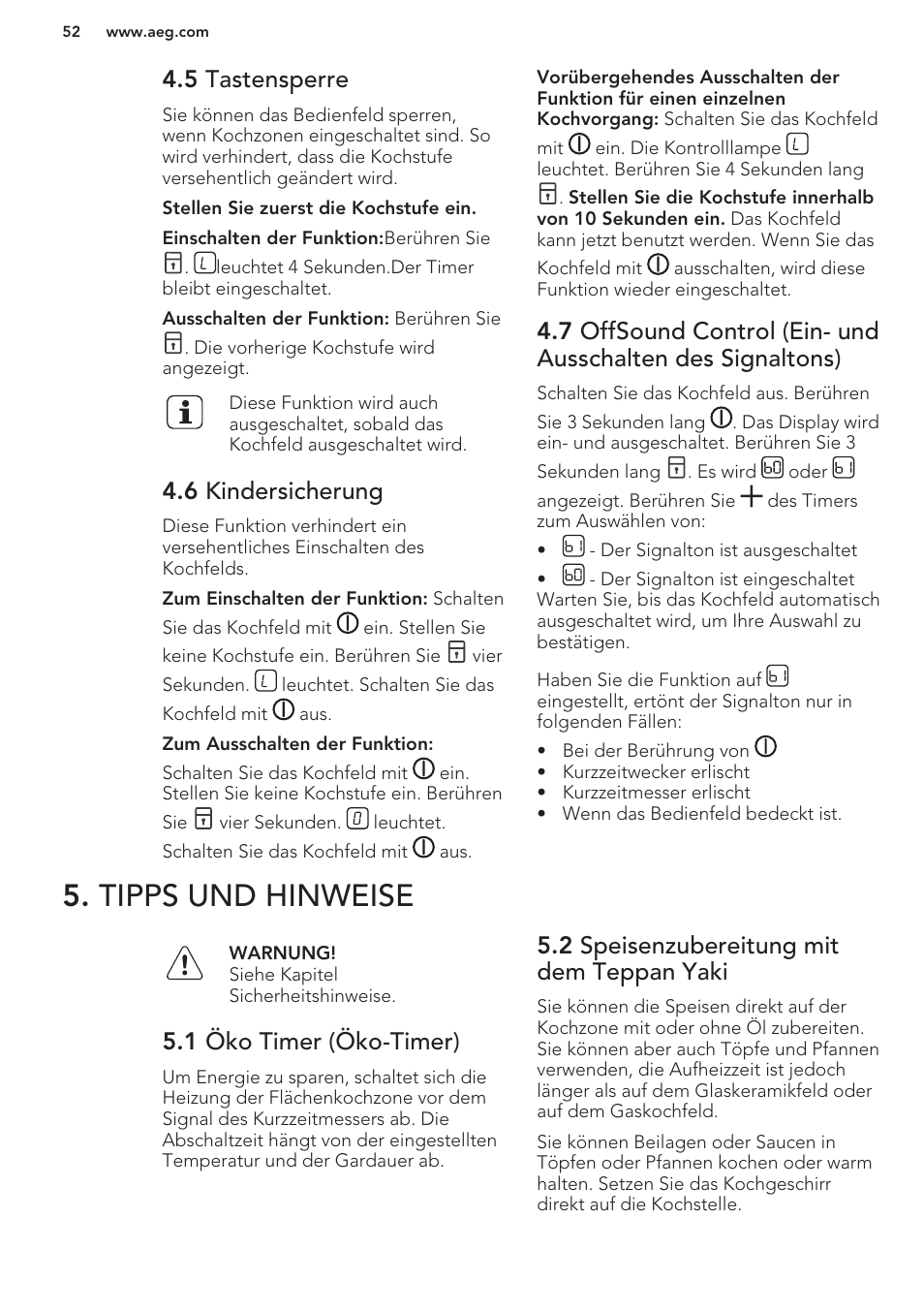5 tastensperre, 6 kindersicherung, Tipps und hinweise | 1 öko timer (öko-timer), 2 speisenzubereitung mit dem teppan yaki | AEG HC411520GB User Manual | Page 52 / 64