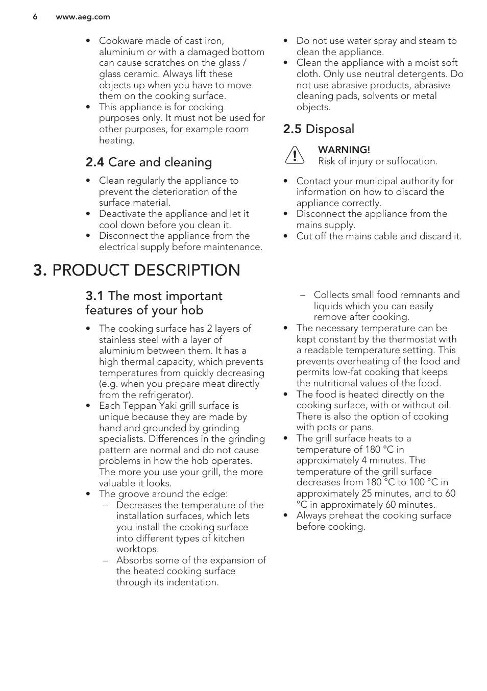 4 care and cleaning, 5 disposal, Product description | 1 the most important features of your hob | AEG HC411520GB User Manual | Page 6 / 64