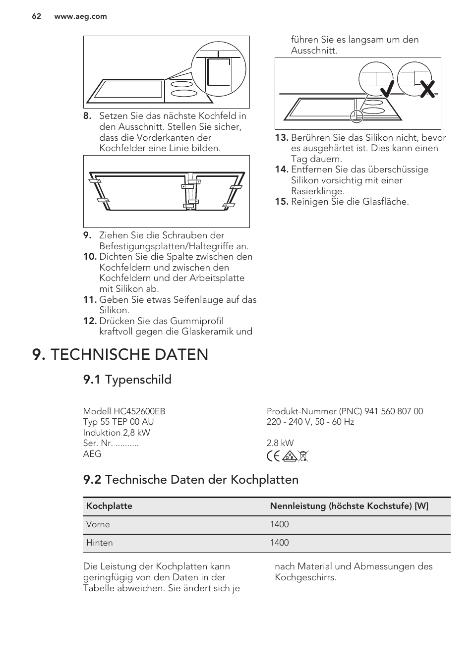 Technische daten, 1 typenschild, 2 technische daten der kochplatten | AEG HC411520GB User Manual | Page 62 / 64