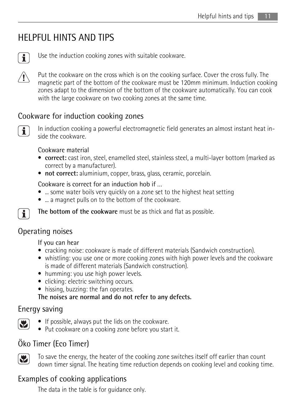 Helpful hints and tips, Cookware for induction cooking zones, Operating noises | Energy saving, Öko timer (eco timer), Examples of cooking applications | AEG HK654200FB User Manual | Page 11 / 16