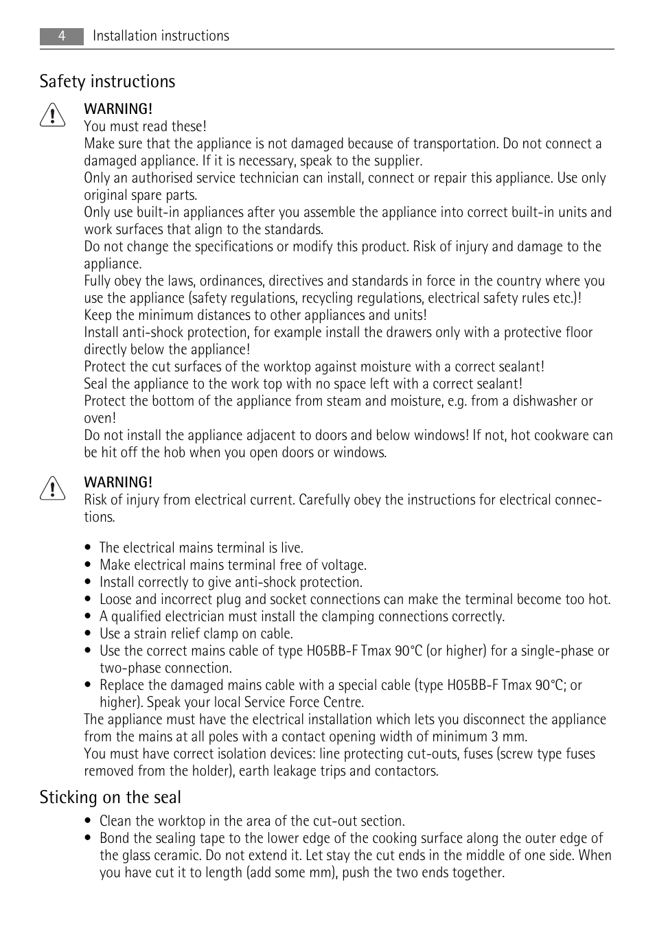 Safety instructions, Sticking on the seal | AEG HK654200FB User Manual | Page 4 / 16