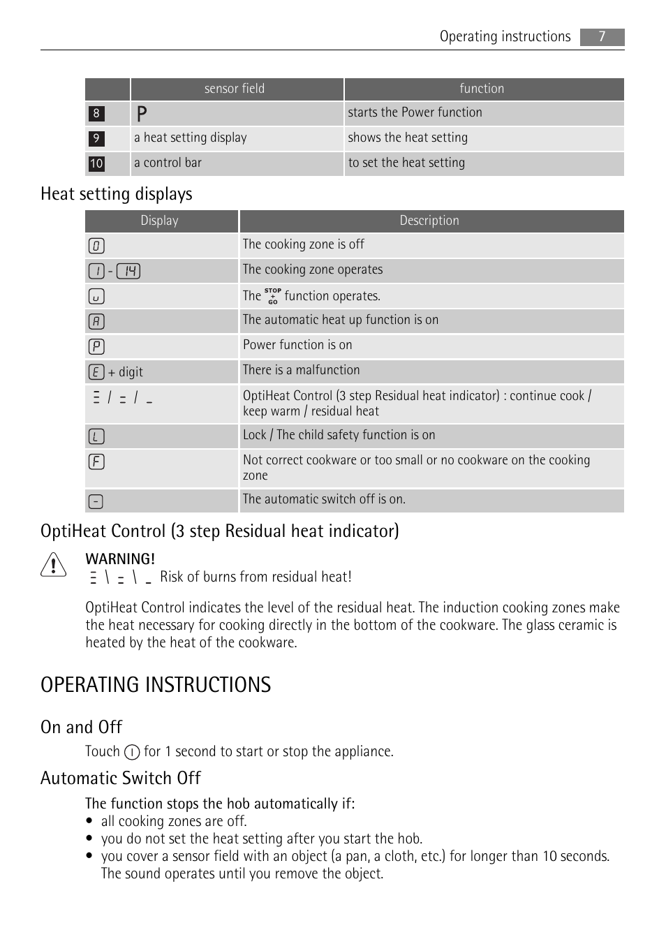 Operating instructions, Heat setting displays, Optiheat control (3 step residual heat indicator) | On and off, Automatic switch off | AEG HK654200FB User Manual | Page 7 / 16