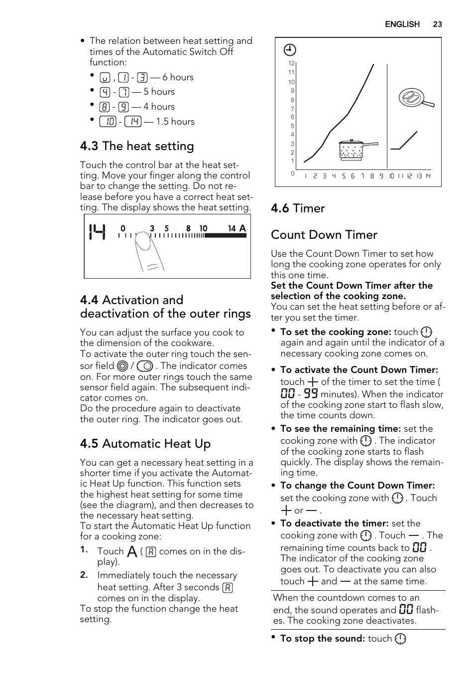 3 the heat setting, 4 activation and deactivation of the outer rings, 5 automatic heat up | 6 timer count down timer | AEG HK683320XG User Manual | Page 23 / 48