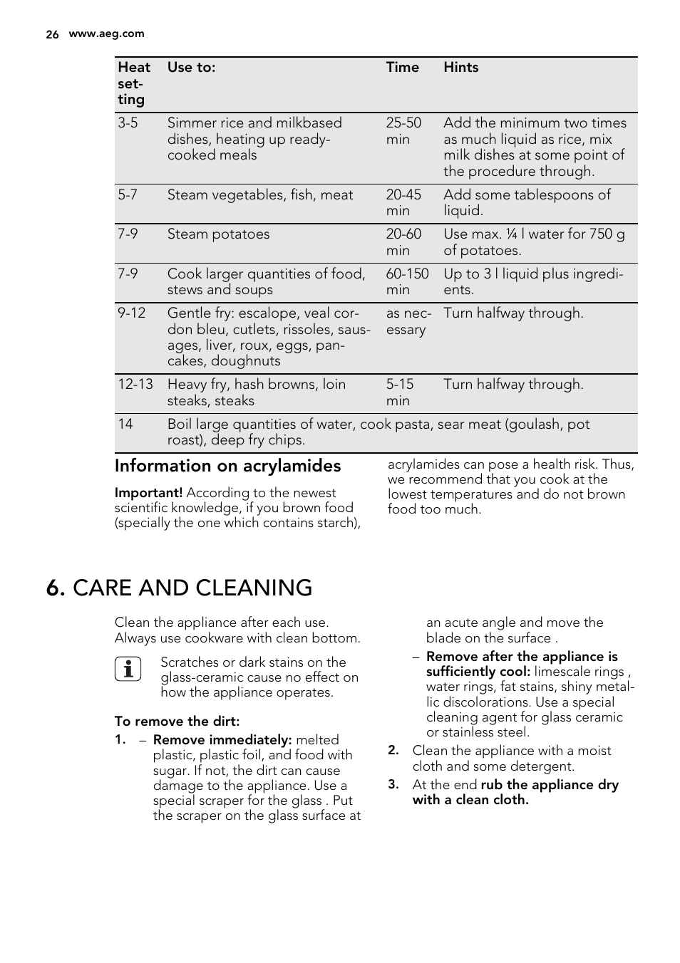 Care and cleaning, Information on acrylamides | AEG HK683320XG User Manual | Page 26 / 48