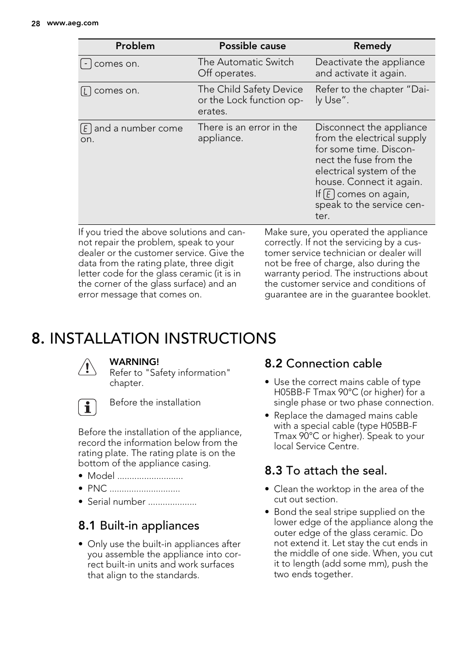 Installation instructions, 1 built-in appliances, 2 connection cable | 3 to attach the seal | AEG HK683320XG User Manual | Page 28 / 48