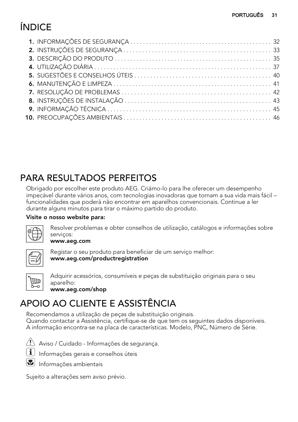 Índice, Para resultados perfeitos, Apoio ao cliente e assistência | AEG HK683320XG User Manual | Page 31 / 48