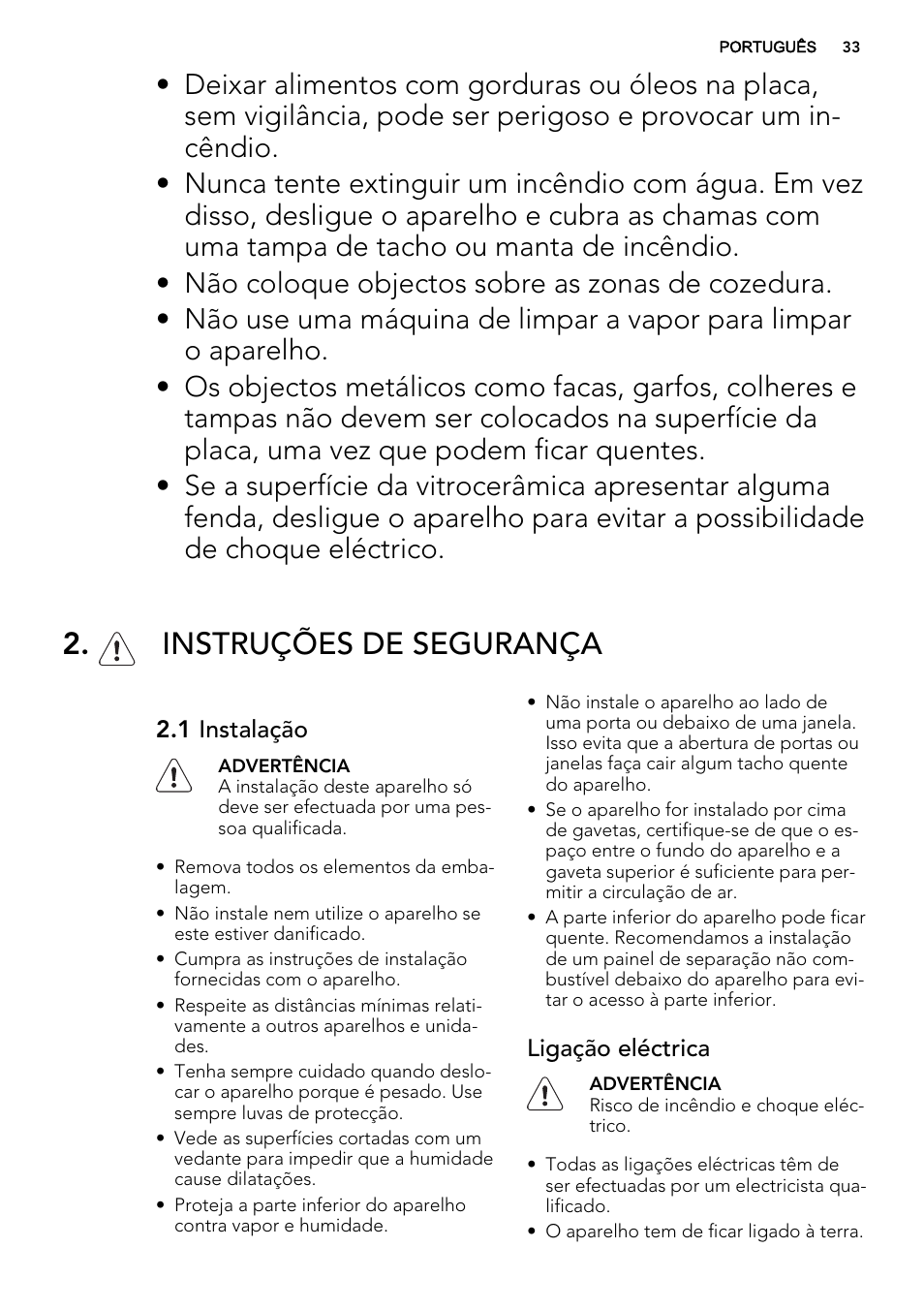 Instruções de segurança | AEG HK683320XG User Manual | Page 33 / 48