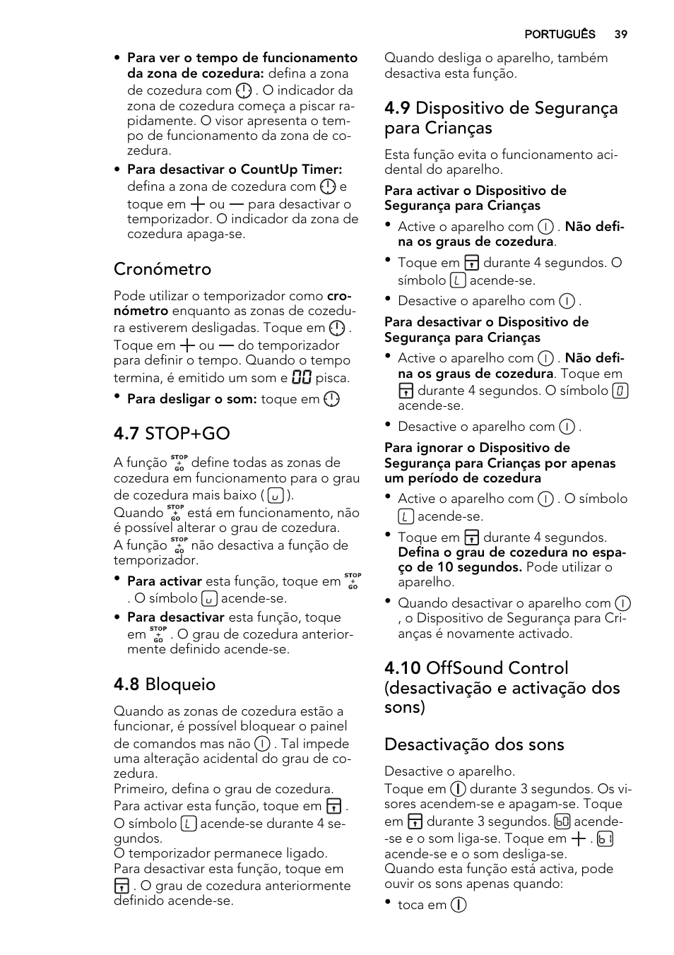 Cronómetro, 7 stop+go, 8 bloqueio | 9 dispositivo de segurança para crianças | AEG HK683320XG User Manual | Page 39 / 48