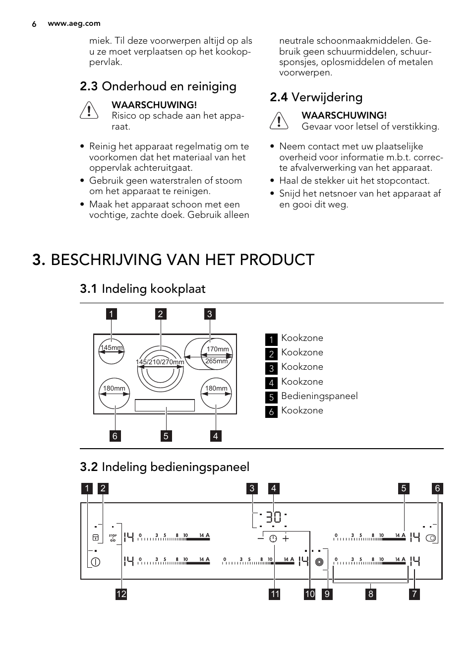 Beschrijving van het product, 3 onderhoud en reiniging, 4 verwijdering | 1 indeling kookplaat, 2 indeling bedieningspaneel | AEG HK683320XG User Manual | Page 6 / 48