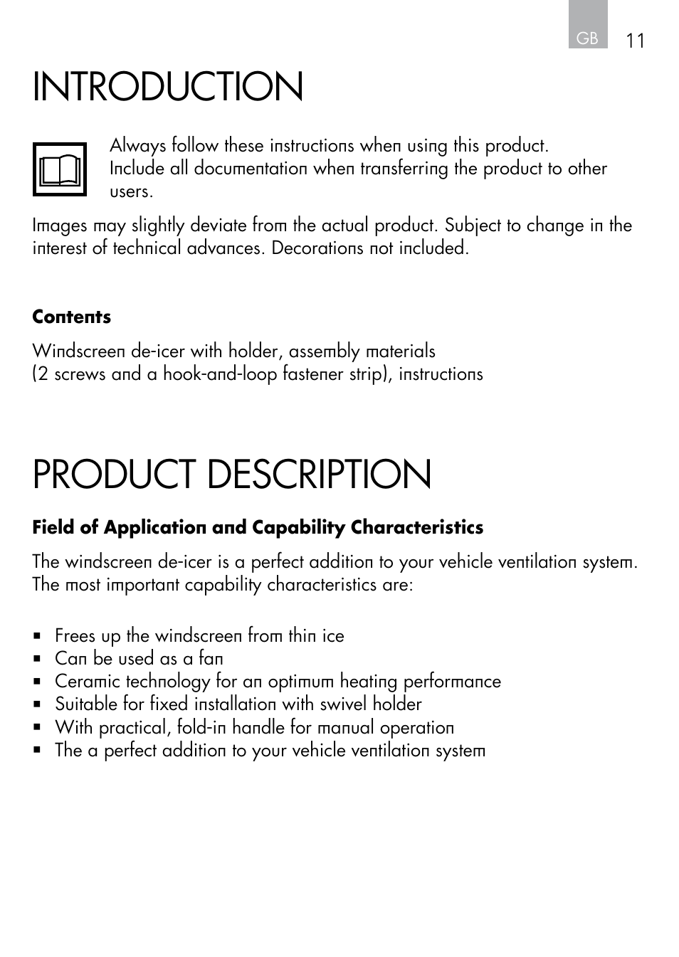 Introduction, Product description | AEG Windscreen De-icer & Fan SK 150 User Manual | Page 11 / 52