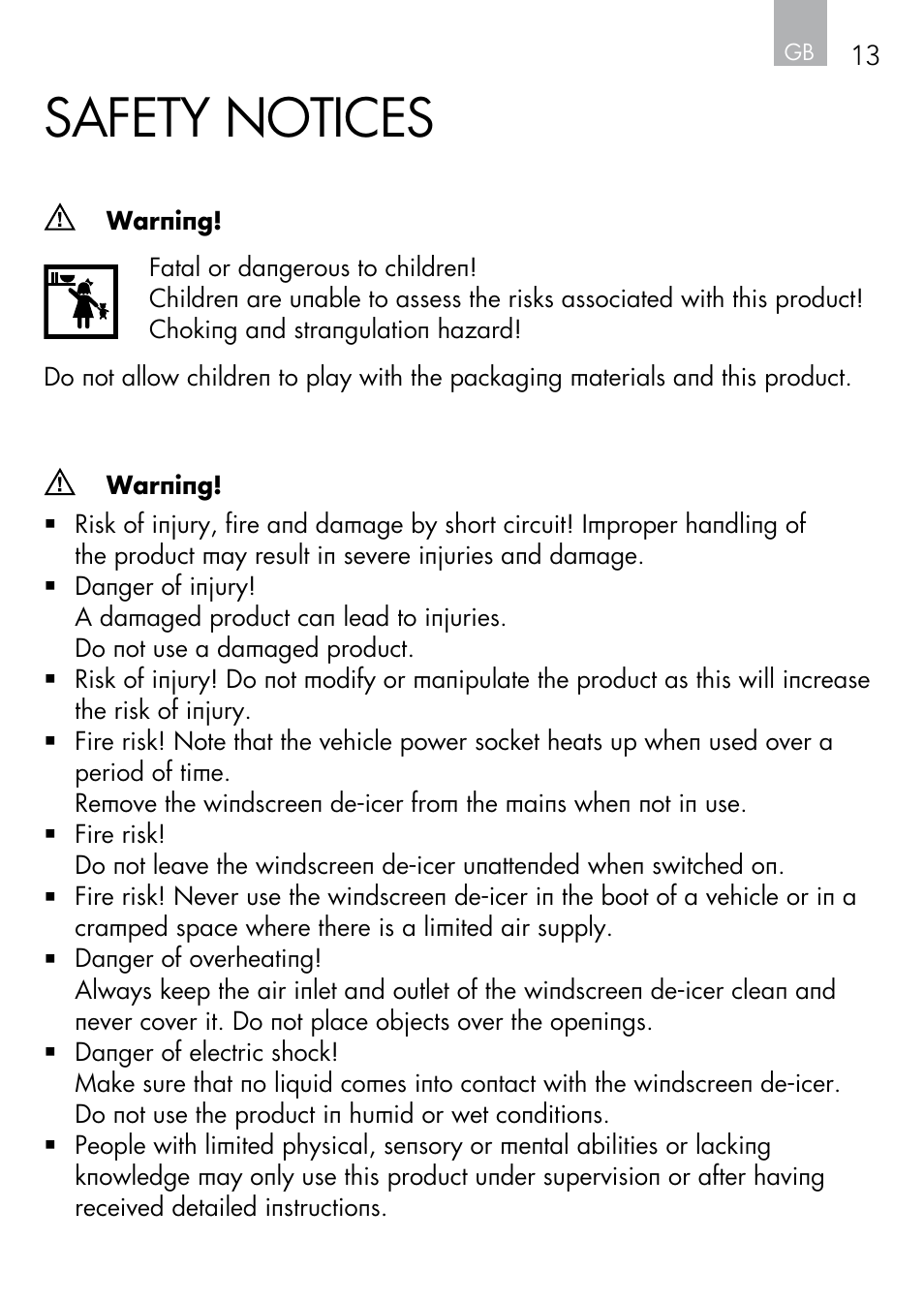 Safety notices | AEG Windscreen De-icer & Fan SK 150 User Manual | Page 13 / 52