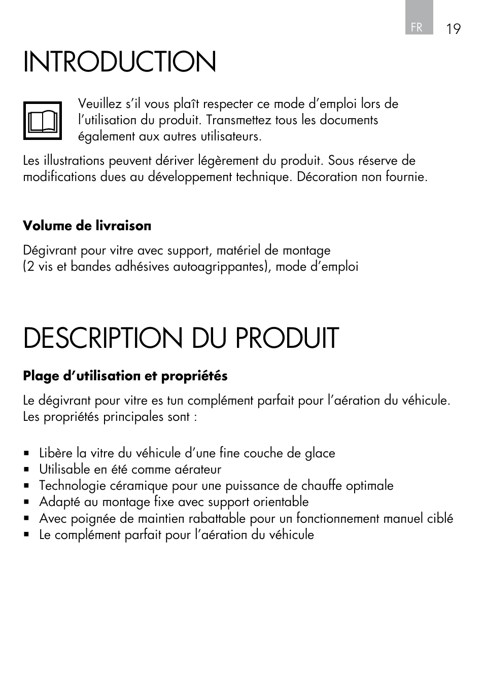 Introduction, Description du produit | AEG Windscreen De-icer & Fan SK 150 User Manual | Page 19 / 52