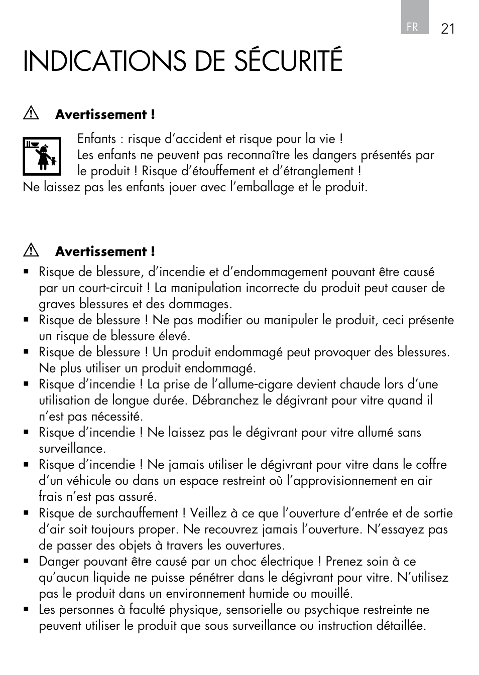 Indications de sécurité | AEG Windscreen De-icer & Fan SK 150 User Manual | Page 21 / 52