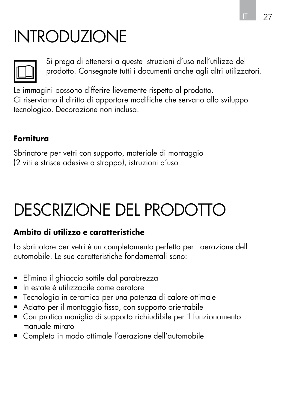 Introduzione, Descrizione del prodotto | AEG Windscreen De-icer & Fan SK 150 User Manual | Page 27 / 52