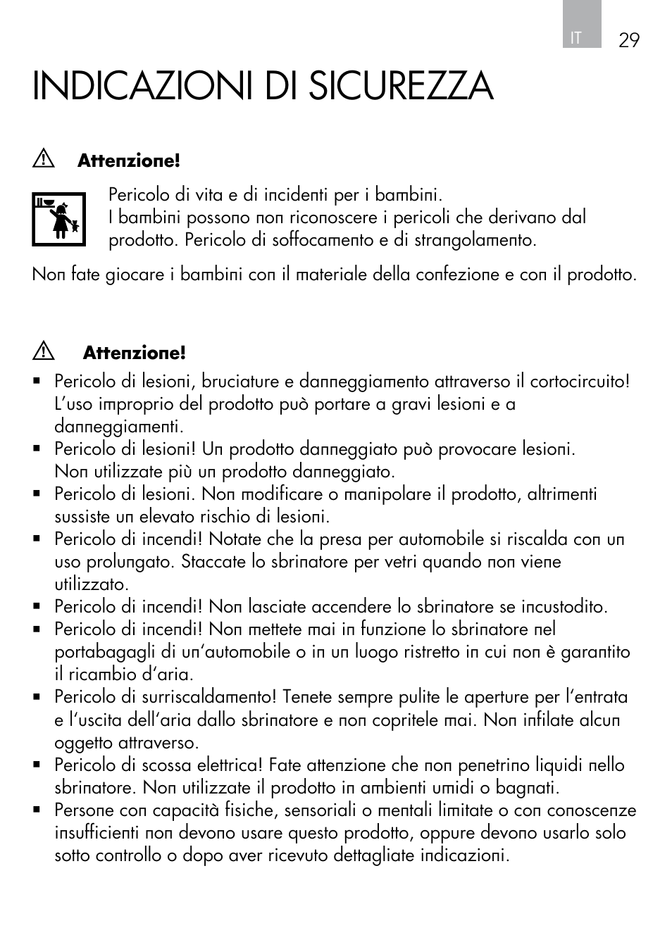 Indicazioni di sicurezza | AEG Windscreen De-icer & Fan SK 150 User Manual | Page 29 / 52