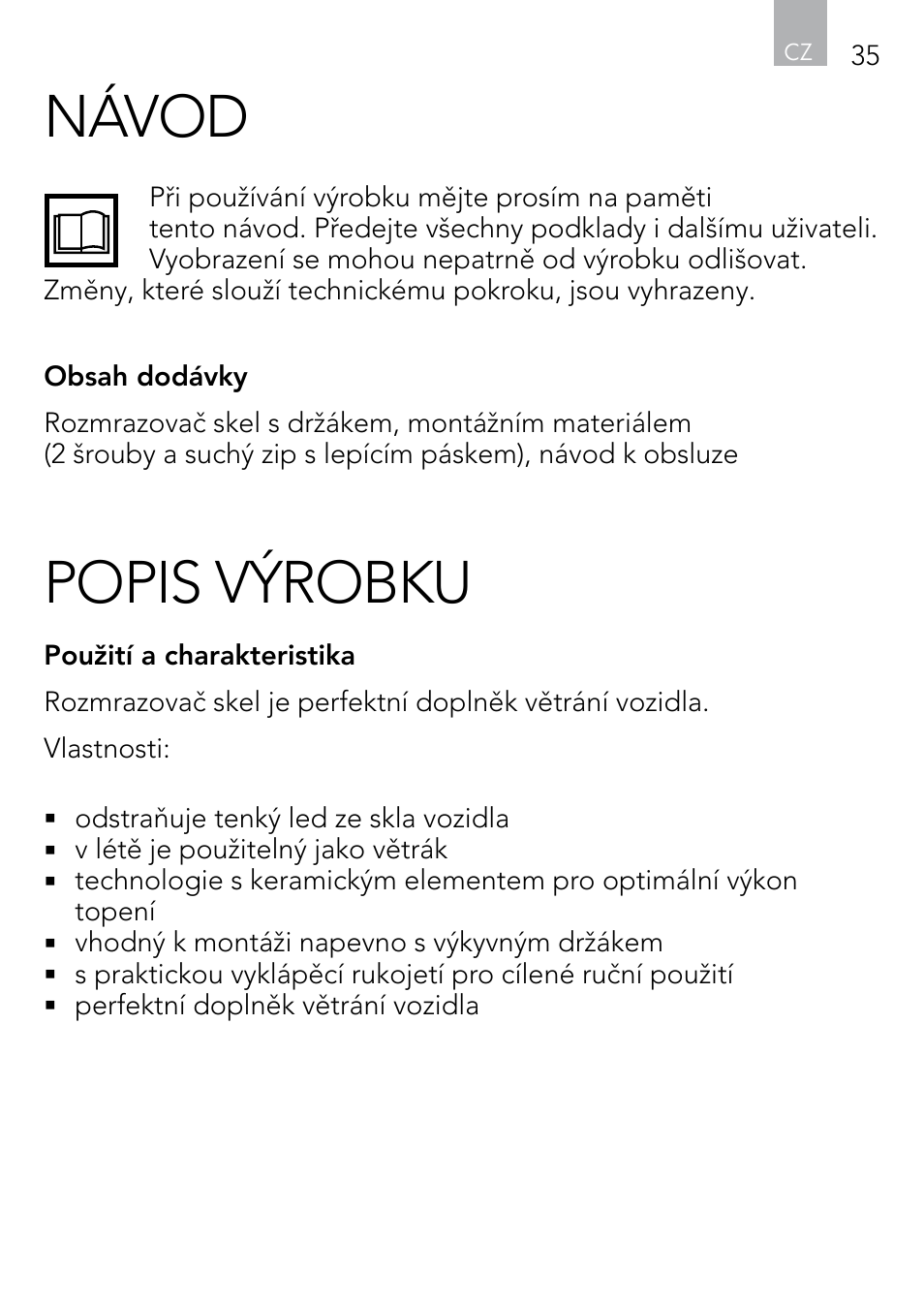 Návod, Popis výrobku | AEG Windscreen De-icer & Fan SK 150 User Manual | Page 35 / 52
