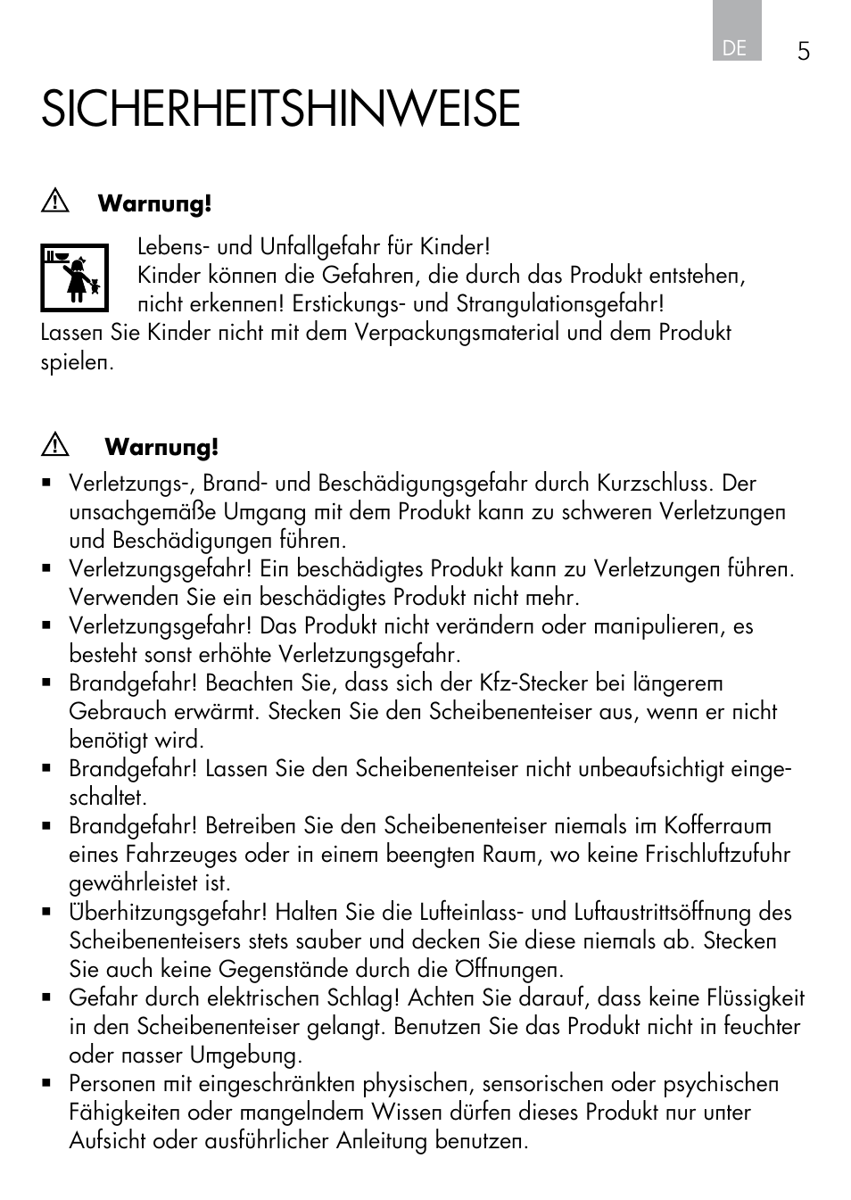 Sicherheitshinweise | AEG Windscreen De-icer & Fan SK 150 User Manual | Page 5 / 52