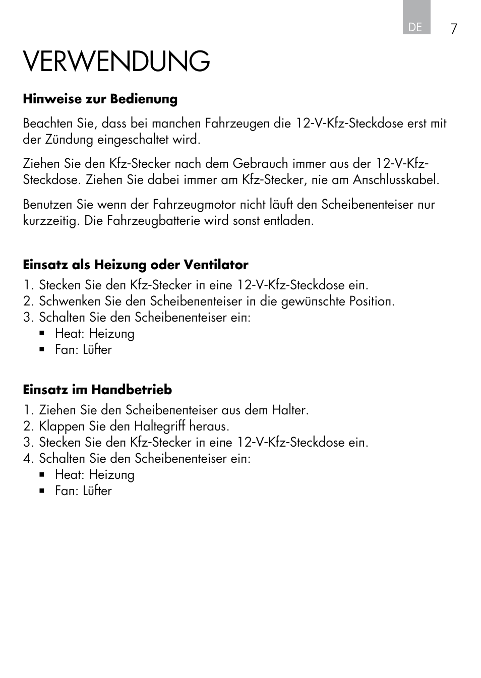 Verwendung | AEG Windscreen De-icer & Fan SK 150 User Manual | Page 7 / 52
