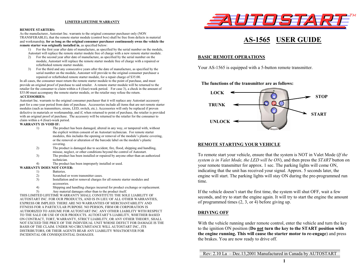 Autostart AS-1565 User Manual | 4 pages